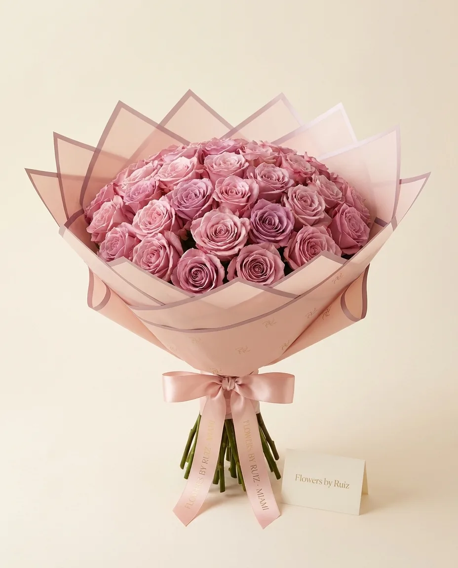Mauve Love, rosas mixtas · lazo de satén